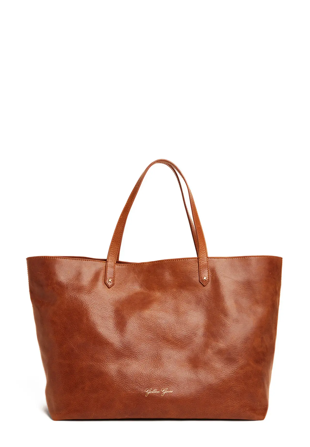 Pasadena Bag in tan-colored glossy hammered leather with gold logo on the front