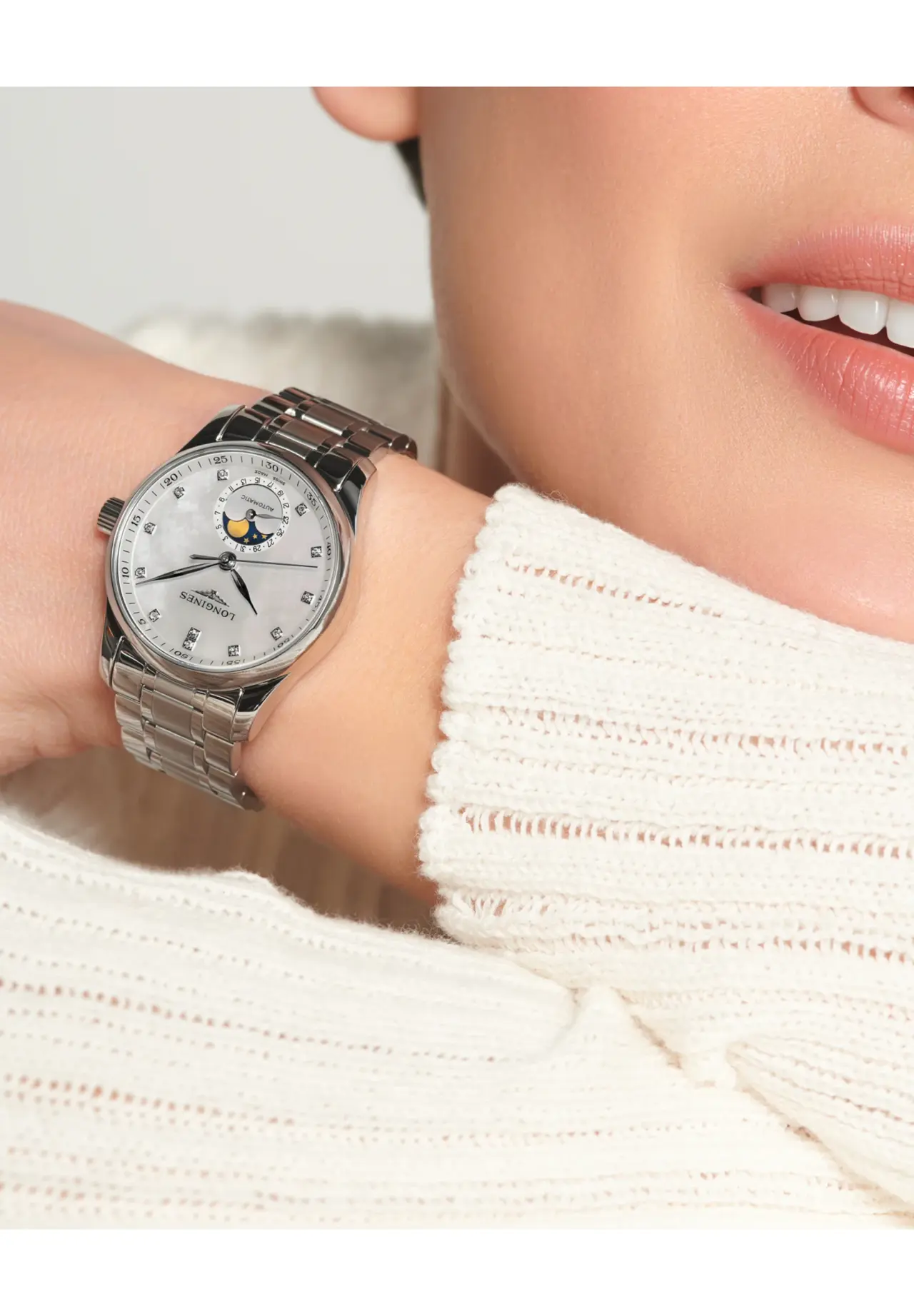 ラスト　高品質　ホワイトムーンストーン　月　ムーンスタンド付　ホワイトシラー ロンジン マスター コレクション ムーンフェイズ 34mm | Matsuya Ginza