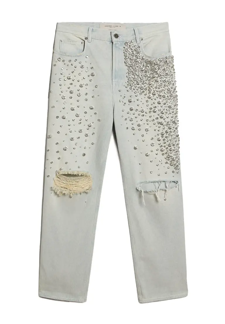 Women's bleached jeans with cabochon crystals