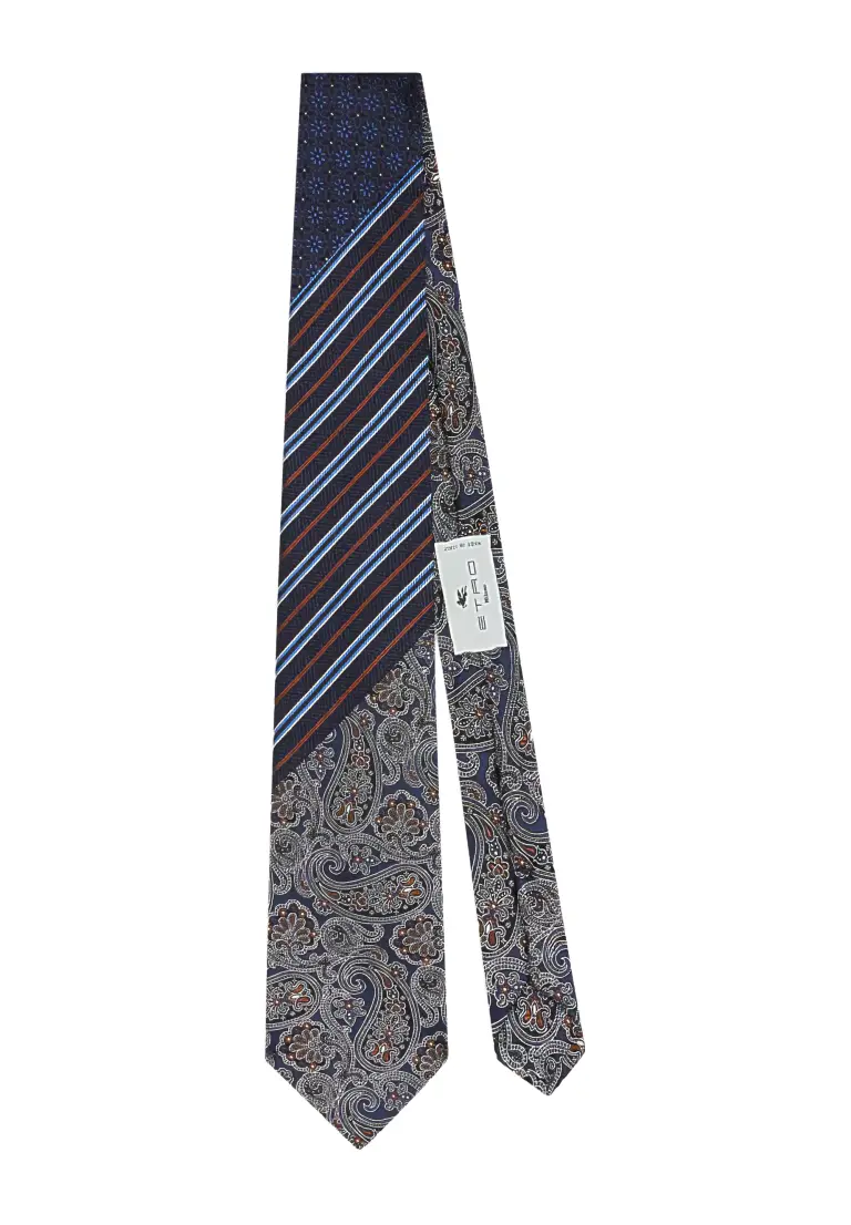 四拼图案海军蓝丝绸提花领带 8cm