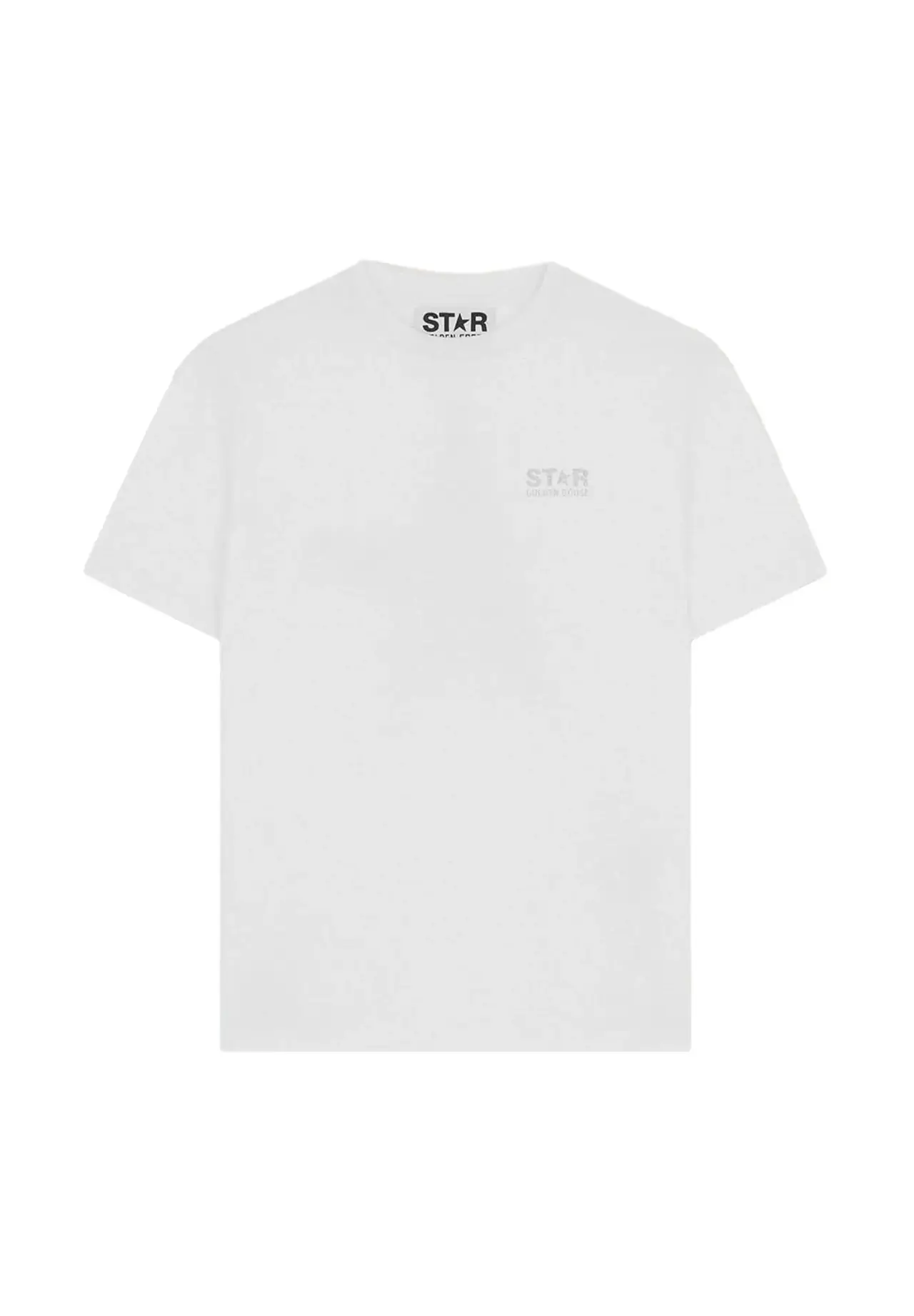 White T-shirt with silver glitter logo and star