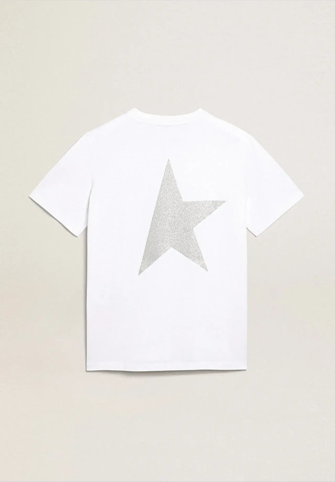 White T-shirt with silver glitter logo and star