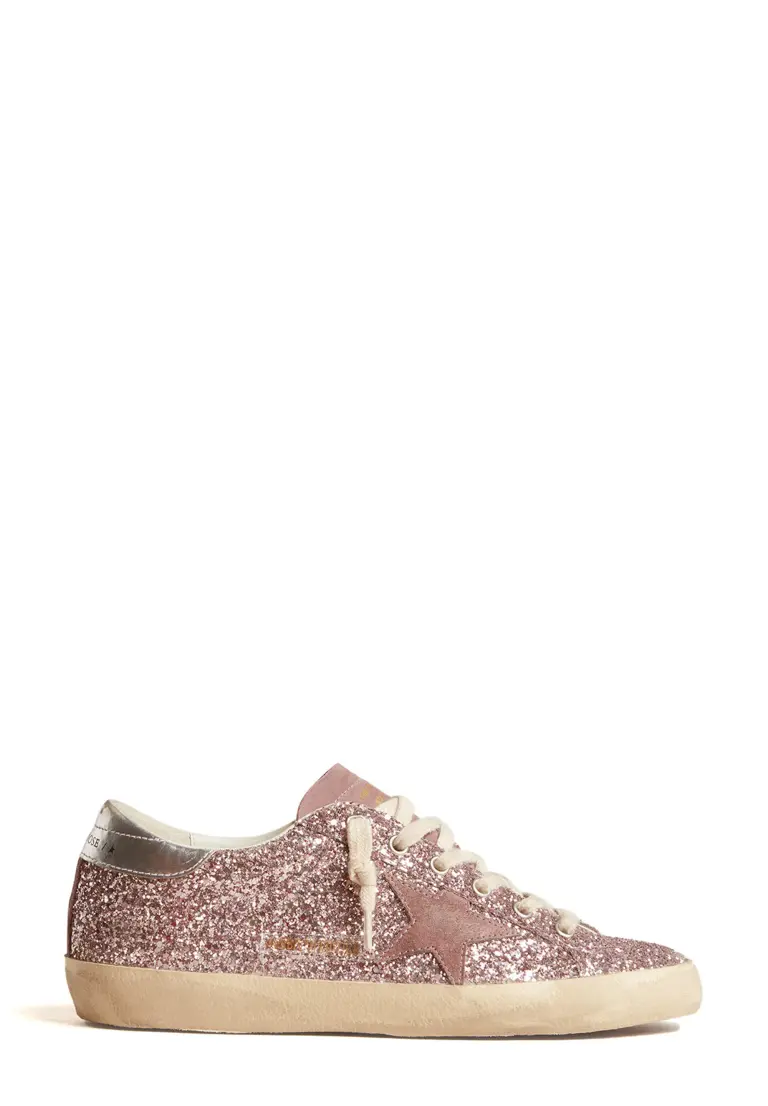 Limited Edition Super-Star sneakers with pink glitter upper, mauve suede star, and silver heel tab