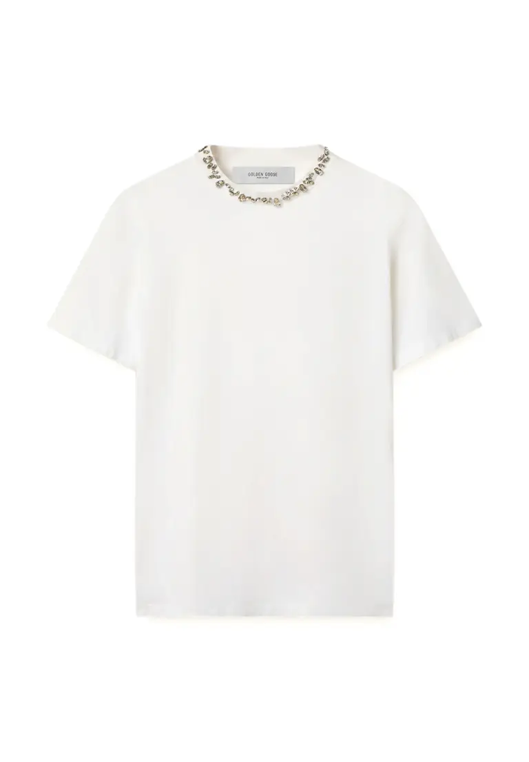 レディース ホワイト Tシャツ カボションクリスタル